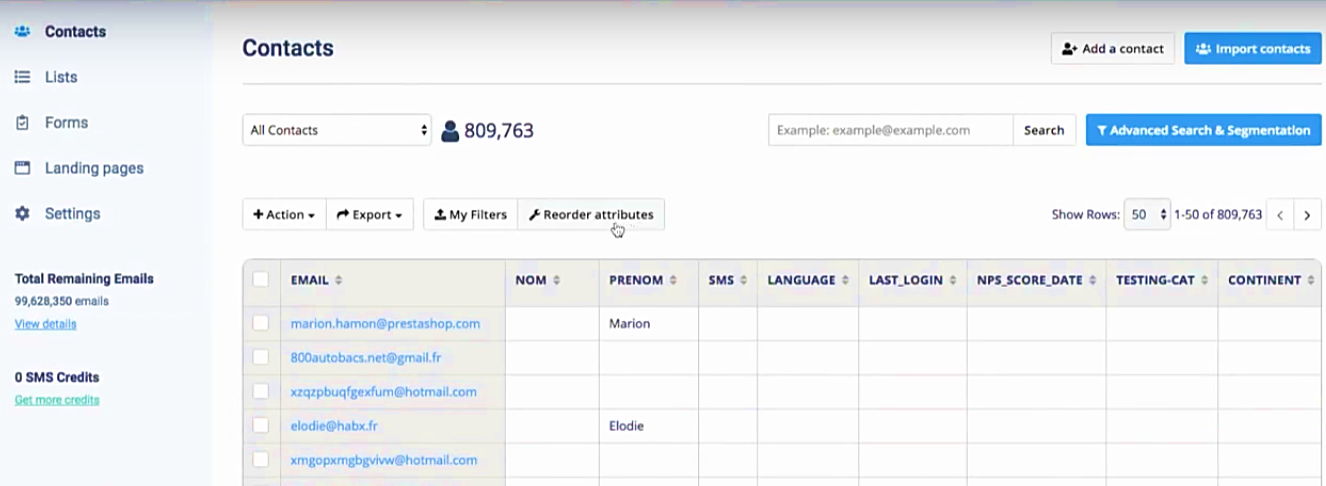 sendinblue gestion des contacts